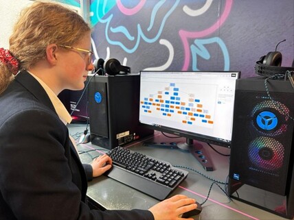 Jovem de perfil usa um computador em um laboratório de informática. O monitor exibe um organograma complexo ou árvore de decisão com pequenos blocos azuis e laranjas.